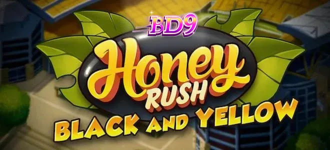 Honey Rush Black and Yellow স্লট গেমের একটি দৃশ্য যেখানে হেক্সাগোনাল গ্রিড এবং মিউজিক থিম ফুটে উঠেছে।